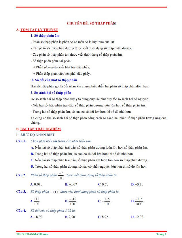 Tóm tắt lý thuyết và bài tập trắc nghiệm số thập phân