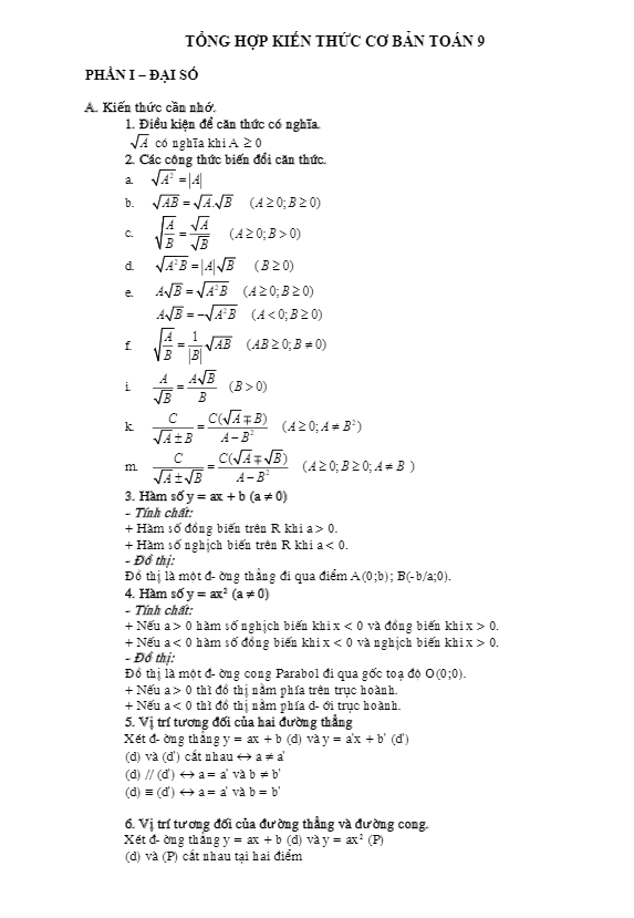 Tổng hợp kiến thức cơ bản lớp 9 môn Toán