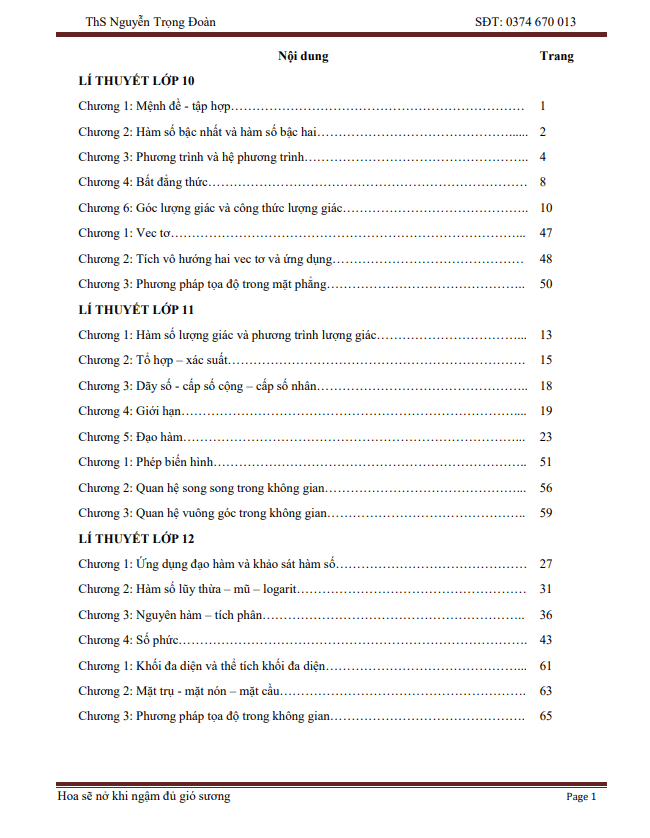 Tổng hợp lý thuyết Toán THPT Nguyễn Trọng Đoàn