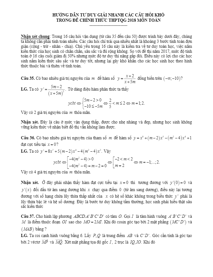 Tư duy giải nhanh các câu hỏi khó trong đề chính thức THPTQG 2018 môn Toán
