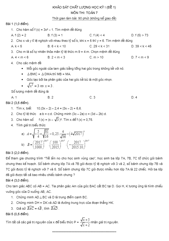 Tuyển chọn 10 đề thi học kì 1 (HK1) lớp 7 môn Toán