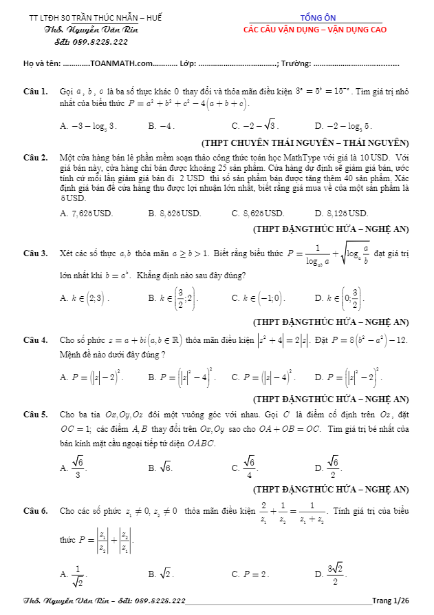 Tuyển chọn 152 bài toán vận dụng cao trong các đề thi thử Nguyễn Văn Rin