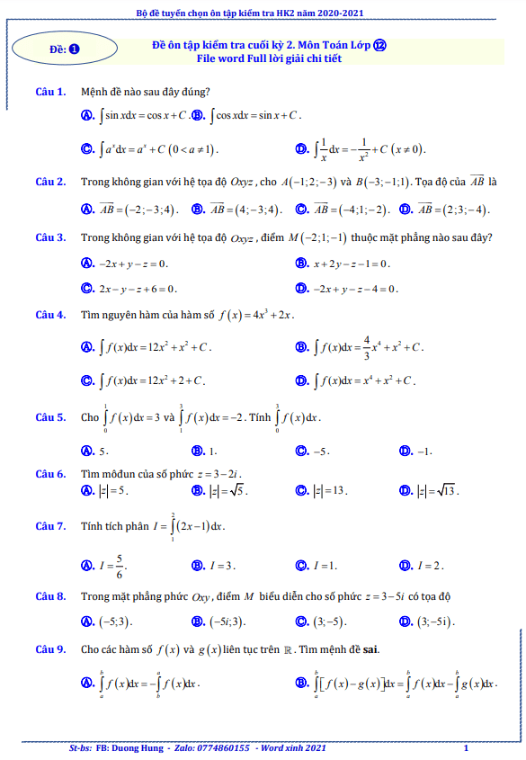 Tuyển chọn 20 đề trắc nghiệm ôn thi học kì 2 (HK2) lớp 12 môn Toán năm học 2020 2021