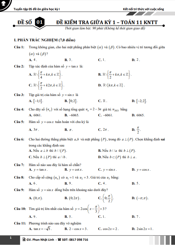 Tuyển tập 05 đề ôn thi giữa học kì 1 (HK1) lớp 11 môn Toán KNTTvCS có đáp án và lời giải
