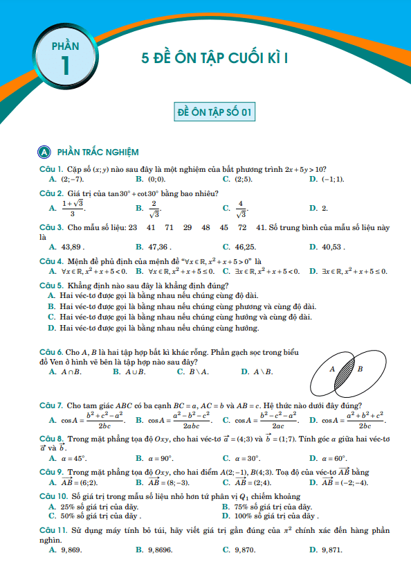 Tuyển tập 05 đề thi thử cuối học kì 1 (HK1) lớp 10 môn Toán có đáp án