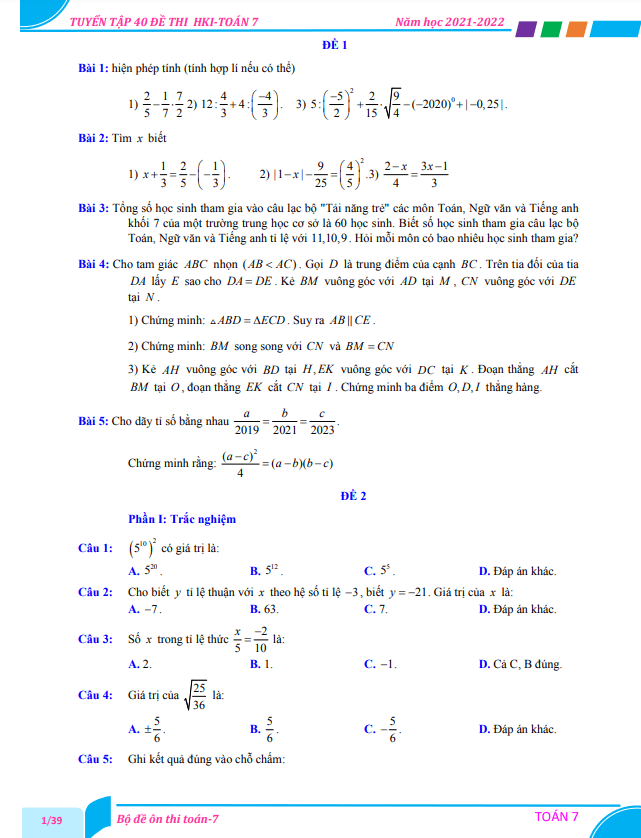 Tuyển tập 40 đề ôn thi cuối học kì 1 (HK1) lớp 7 môn Toán