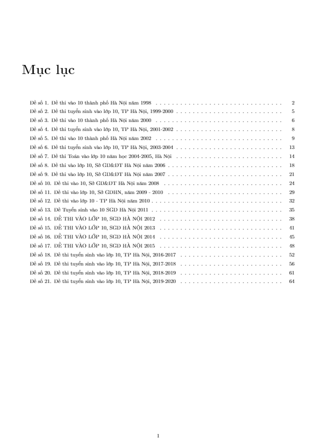 Tuyển tập đề tuyển sinh môn Toán sở GD ĐT Hà Nội (từ 1998 đến 2020)