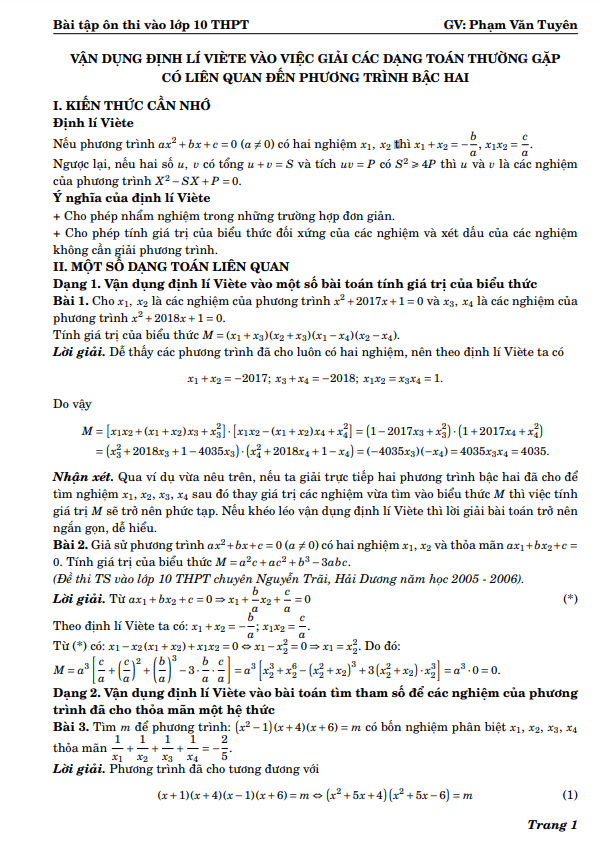 Vận dụng định lí Viète giải các dạng toán liên quan đến phương trình bậc hai
