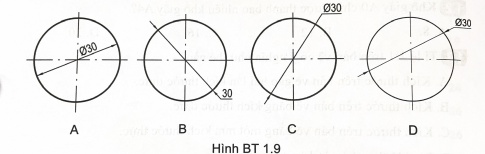 Trong Hình Bài tập 1.9, hình nào ghi kích thước của đường tròn đúng theo tiêu chuẩn?