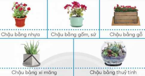 Em hãy quan sát các chậu trồng hoa, cây cảnh dưới đây và điền các đặc điểm về chất liệu; độ nặng nhẹ; mức độ khó, dễ vỡ, thân thiện với môi trường của từng chậu vào bảng sao cho phù hợp.