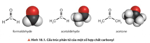Quan sát hình 18.1 Nhận xét đặc điểm chung về cấu tạo của formaldehyde, acetaldehyde (aldehyde) và acetone (ketone). 