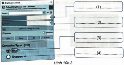  độ tương phản, độ sáng, độ sắc nét, độ mờ vào chỗ trống (...) được đánh số trong Hình 10b.3 cho đúng.