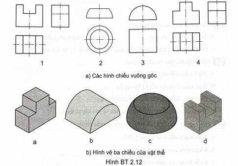 Hãy lựa chọn các hình chiếu vuông góc của vật thể tương ứng với vật thể trong các hình (Hình Bài tập 2.12)