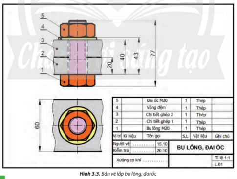 Hãy liệt kê các hình biểu diễn và các chi tiết được lắp với nhau trong bản vẽ lắp bu lông, đai ốc ở Hình 3.3.