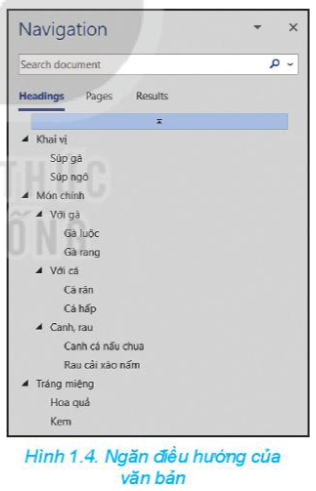 Hình 1.4 là nội dung trong ngăn điều hướng của một văn bản về thực đơn. Hãy quan sát và cho biết