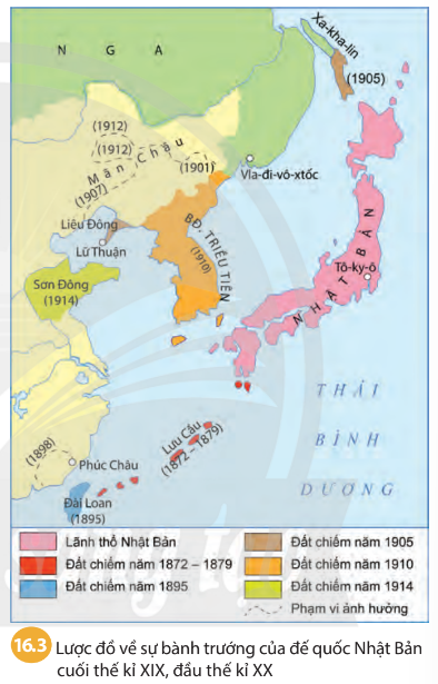 Quan sát lược đồ 16.3 và dựa vào thông tin trong bài, em hãy nêu những biểu hiện của sự hình thành chủ nghĩa đế quốc ở Nhật Bản vào cuối thế kỉ XIX, đầu thế kỉ XX.