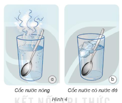 Cắm thìa vào mỗi cốc (Hình 4). Sau vài phút, cầm lần lượt vào hai cán thìa. Mô tả cảm giác ở tay em.