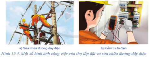 Thợ lắp đặt và sửa chữa đường dây điện ở Hình 15.4 đang thực hiện những công việc gì?