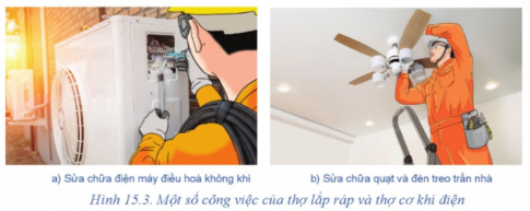 Thợ lắp ráp và thợ cơ khí điện ở Hình 15.3 đang thực hiện công việc gì?