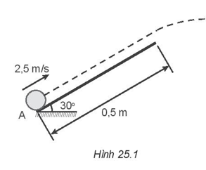 Một quả bóng khối lượng 200 g được đẩy với vận tốc ban đầu 2,5 m/s lên một mặt phẳng nghiêng, nhẵn, dài 0,5 m