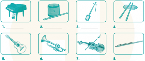 Label the musical instruments using the words and phrases in the box
