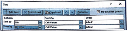 Cho bảng dữ liệu như Hình 6.4. Hãy chọn hình ảnh hộp thoại Sort thực hiện việc sắp xếp theo hai tiêu chí Tên và Họ đệm theo thứ tự tăng dần.