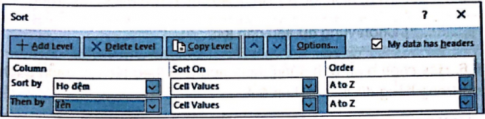 Cho bảng dữ liệu như Hình 6.4. Hãy chọn hình ảnh hộp thoại Sort thực hiện việc sắp xếp theo hai tiêu chí Tên và Họ đệm theo thứ tự tăng dần.