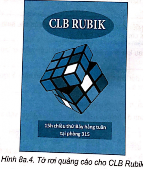  Em hãy sử dụng phần mềm soạn thảo để tạo một tờ rơi quảng cáo cho CLB Rubik tương tự như Hình 8a.4.