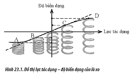 Trên Hình 23.1, ta có đồ thị biểu diễn độ biến dạng của một lò xo khi chịu tác dụng lực. Đoạn nào của đường biểu diễn cho thấy lò xo biến dạng theo định luật Hooke?