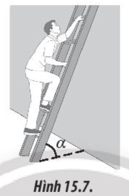 Một kĩ sư xây dựng nặng 75 kg trèo lên một chiếc thang dài 2,75 m. Thang được dựa vào bức tường thẳng đứng và tạo một góc α với mặt phẳng ngang (Hình 15.7)