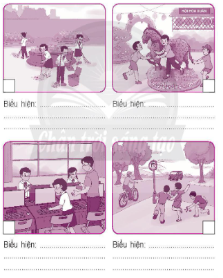  Đánh dấu V vào ô chỉ việc làm bảo vệ của công, đánh dấu X vào ô chỉ việc làm không bảo vệ của công và nêu biểu hiện của các bạn trong tranh.  