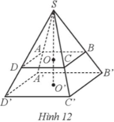 Cho hai hình chóp tứ giác đều S.ABCD và S.A'B'C'D' lần lượt có chiều cao SO và SO'. Biết AB = 2a, A'B' = 3a, SO = 2b, SO' = 3b (Hình 12). Tính tỉ số thể tích của hình chóp tứ giác đều S.ABCD và S.A'B'C'D'. Biết rằng a và b cùng đơn vị đo.