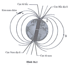 a) Xác định cực từ bắc và cực từ nam của thanh nam châm trong hình 16.1. Giải thích cách xác định. Có nhận xét gì về tên cực của thanh nam châm Trái Đất và tên cực từ Trái Đất được quy định (ghi trong hình vẽ).  b) Vẽ chiều của đường sức từ đi qua điểm A và B.  c) Tại mỗi vị trí A và B đặt một kim nam châm. Hãy cho biết lực từ tác dụng lên kim nam châm nào mạnh hơn. Vì sao?