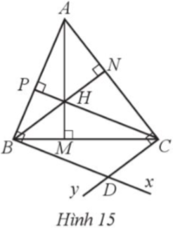 Cho tam giác nhọn ABC có ba đường cao AM, BN, CP cắt nhau tại H. Qua B kẻ tia Bx vuông góc với AB. Qua C kẻ tia Cy vuông góc với AC. Gọi D là giao điểm của Bx và Cy (Hình 15).  a) Chứng minh tứ giác BDCH là hình bình hành. b*) Tam giác ABC có điều kiện gì thì ba điểm A, D, H thẳng hàng? c) Tìm mối liên hệ giữa góc A và góc D của tứ giác ABDC.  d) Giả sử H là trung điểm của AM. Chứng minh diện tích của tam giác ABC bằng diện tích của tứ giác BHCD.
