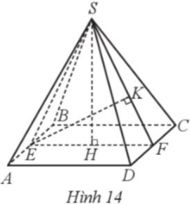 Cho hình chóp tứ giác đều S.ABCD có chiều cao SH. Gọi E, F lần lượt là trung điểm của AB, CD. Kẻ EK vuông góc với SF tại K (Hình 14). Biết AB = EF = 13cm, SH = EK. Tính tổng diện tích các mặt của hình chóp tứ giác đều đó.