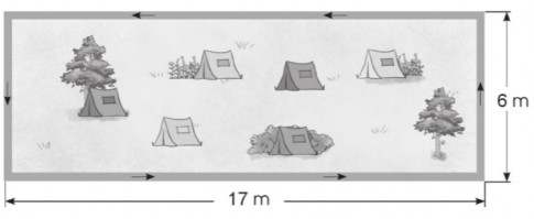 Bác bảo vệ đã đi kiểm tra 5 vòng xung quanh khu cắm trại như hình dưới đây. Theo em, bác đã đi tất cả bao nhiêu mét?
