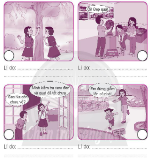 Vẽ mặt cười vào ô chỉ lời nói, việc làm em đồng tình; vẽ mặt buồn vào ô chỉ lời nói, việc làm em không đồng tình. Nêu lí do em đồng tình hay không đồng tình