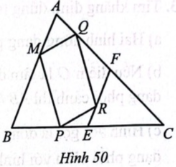 Cho tam giác ABC có E, F lần lượt là trung điểm của BC, AC. Các điểm M, P, R, Q lần lượt nằm trên AB, BE, EF, FA sao cho $\frac{BM}{MA}=\frac{QF}{QA}=\frac{RF}{RE}=\frac{BP}{PE}$ = 1,8 (Hình 50).