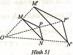 Cho điểm O nằm ngoài tam giác MNP. Trên các tia OM, ON, OP ta lần lượt lấy các điểm M’, N’, P’ sao cho $\frac{OM’}{OM}=\frac{ON’}{ON}=\frac{OP’}{OP}=\frac{5}{3}$ (Hình 51).