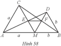 Cho điểm M thuộc đoạn thẳng AB, với MA = a, MB = b. Vẽ hai tam giác đều AMC và BMD; gọi E là giao điểm của AD và CM, F là giao điểm của DM và BC (Hình 58).  a) Chứng minh EF // AB. b) Tính ME, MF theo a, b.