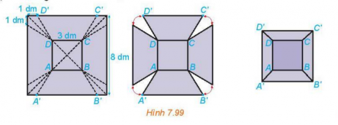 Từ một tấm tôn hình vuông có cạnh 8 dm, bác Hùng cắt bỏ bốn phần như nhau ở bốn góc, sau đó bác hàn các mép lại để được một chiếc thùng (không có nắp ) như Hình 7.99.