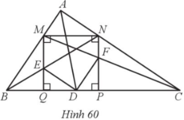 Cho tam giác ABC vuông tại A, có đường phân giác AD. Vẽ hình vuông MNPQ ở đó M thuộc cạnh AB, N thuộc cạnh AC, P và Q thuộc cạnh BC. Gọi E và F lần lượt là giao điểm của BN và MQ; CM và NP (Hình 60).