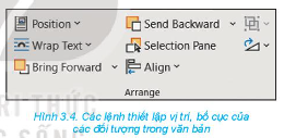 Quan sát Hình 3.4, chỉ ra các lệnh để thực hiện thiết lập vị trí, bố cục của hình khối, hộp văn bản trong văn bản