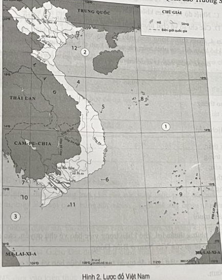 Ghép tên các vịnh, biển, đảo, quần đảo sau đây với các số tương ứng trong hình 2.