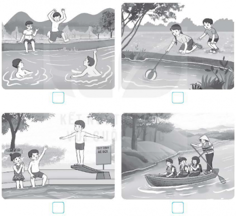 Viết vào ☐ dưới mỗi hình chữ N thể hiện hành động nên làm, chữ K thể hiện hành động không nên làm để phòng tránh đuối nước.