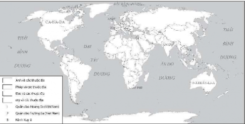  1.Tô màu các đế quốc Anh, Pháp, Đức, Mỹ và thuộc địa của các nước đó vào đầu thế kỉ XX ở khu vực Châu Á và châu phi theo 4 màu khác nhau