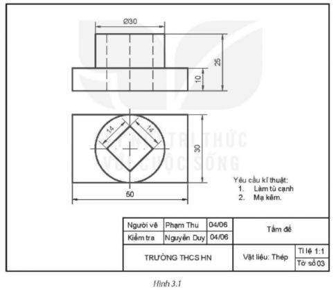  Quan sát bản vẽ chi tiết trên Hình 3.1 và cho biết tên gọi của chi tiết, các yêu cầu kĩ thuật và mô tả hình dạng, kích thước của chi tiết đó.