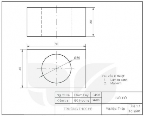  Kẻ Bảng 3.1 vào vở rồi mô tả hình dạng, kích thước của gối đỡ và đọc bản vẽ trên Hình 3.2 theo trình tự trong bảng.