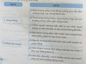 Câu 6. Hãy ghép các thông tin ở cột A với thông tin ở cột B cho phù hợp với quá trình con người khai khẩn và cải tạo châu thổ, chế ngự và thích ứng với chế độ nước của sông Hồng và sông Cửu Long.