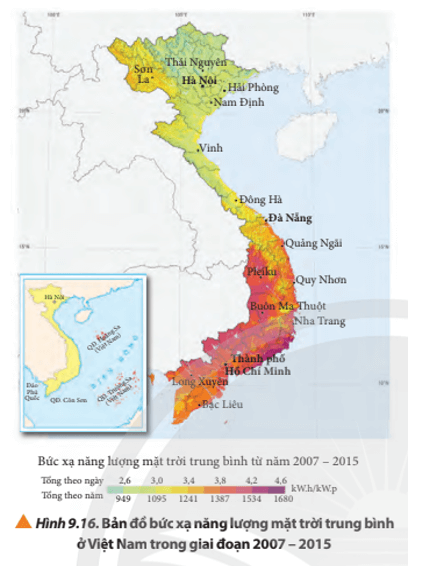 Quan sát Hình 9.16 và hãy phân tích xem vùng nào có tiềm năng phát triển năng lượng mặt trời ở Việt Nam nhất.